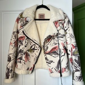 Cream, multi-color jacket with fur inside